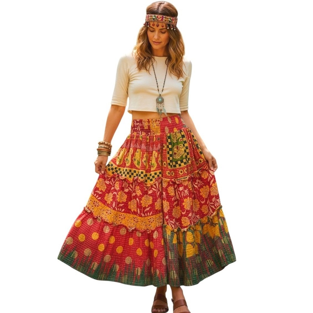 Kantha Bae Bohemian Patchwork Womens Free size Colorful Hippie Tiered Maxi Skirt